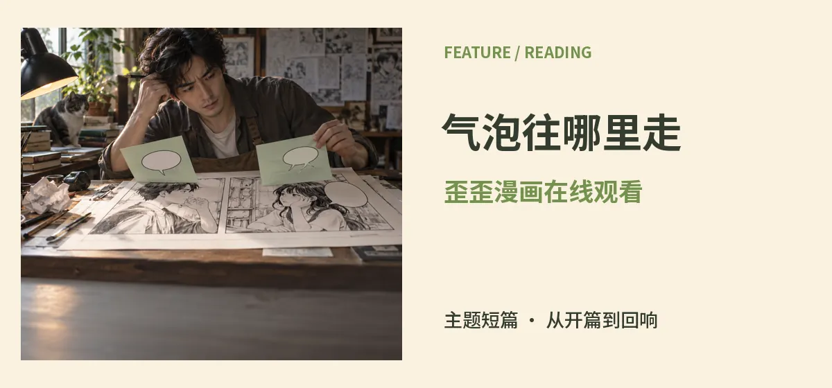 歪歪漫画创作簿的歪歪漫画在线观看专题横幅，包含“气泡往哪里走”中文标题与歪歪对白企划场景