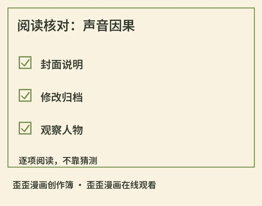 阅读核对：声音因果示意图，标出封面说明、修改归档、观察人物，用于歪歪漫画在线观看相关阅读解析