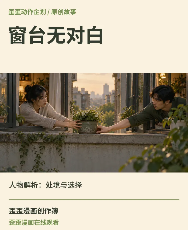 歪歪漫画在线观看相关原创故事《窗台无对白》人物解析：处境与选择封面：歪歪动作企划场景与中文标题